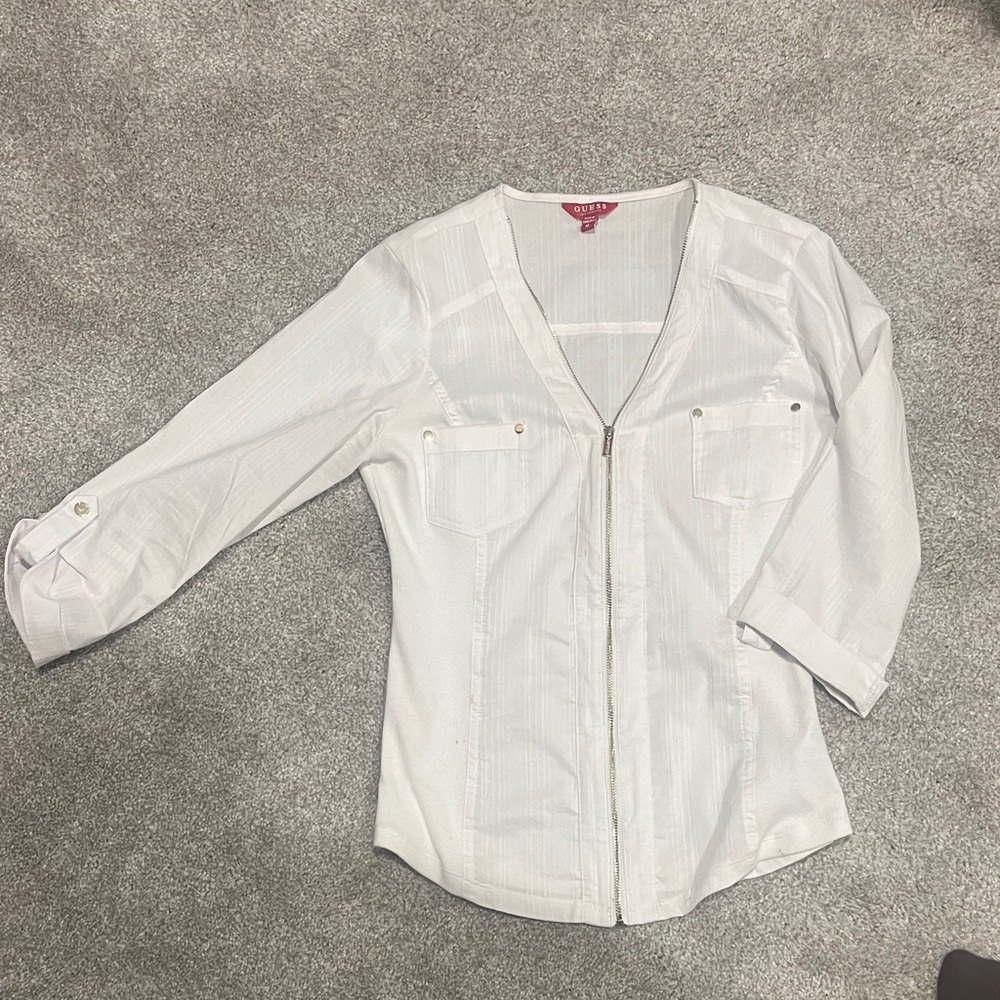 White Guess Zip-Up Blouse